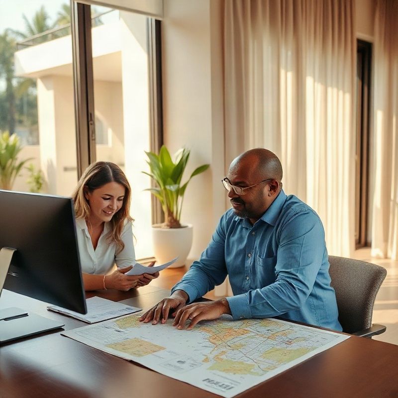 Real estate agent reviewing property details and a neighborhood map with a client